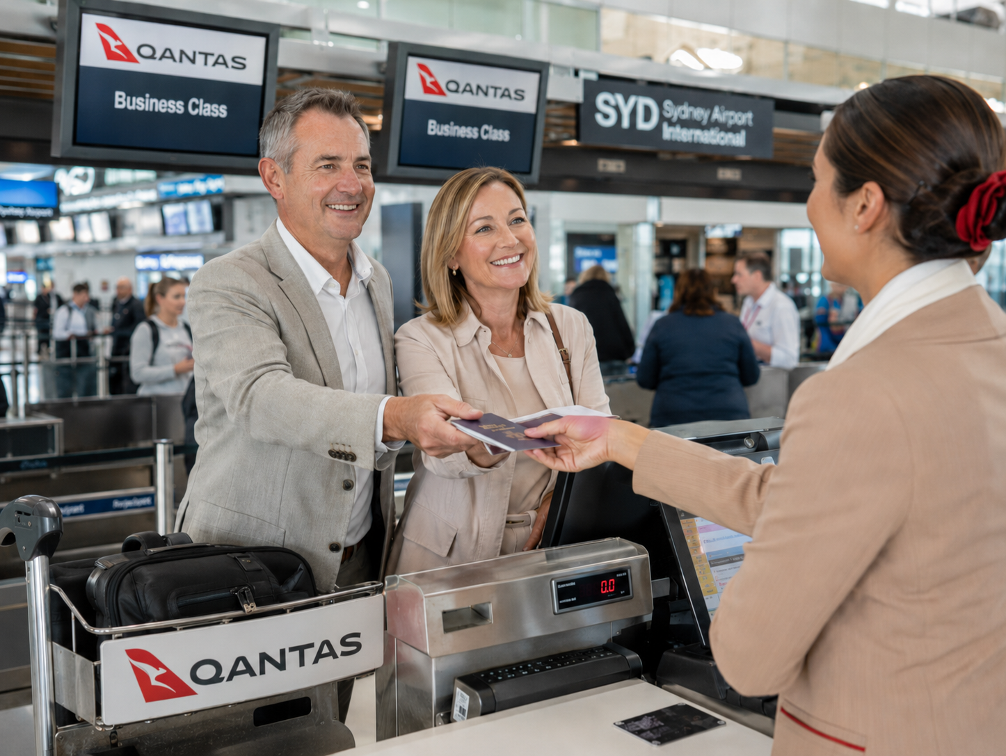 Travellers checking in at the Qantas business class desk at Sydney Airport