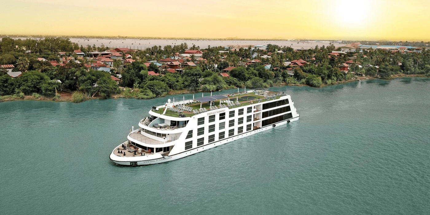 Emerald river cruise ship sailing on calm water